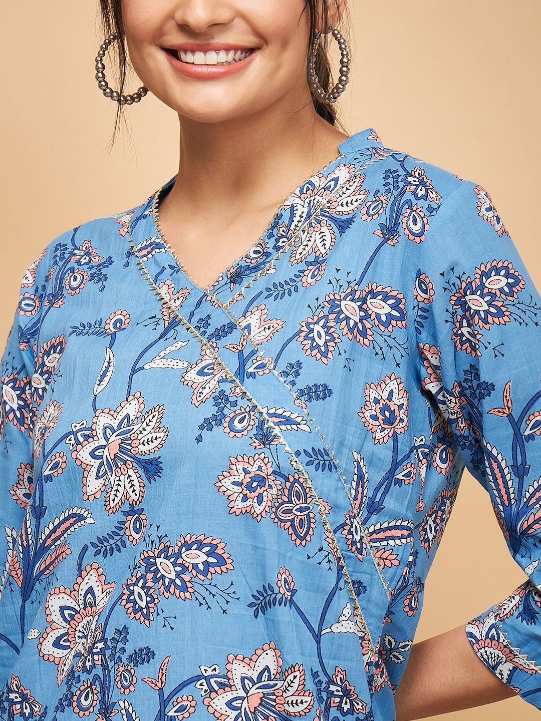 InWeave Women's Skyblue Pink Floral Angrakha Straight Kurta - Swadesiicart