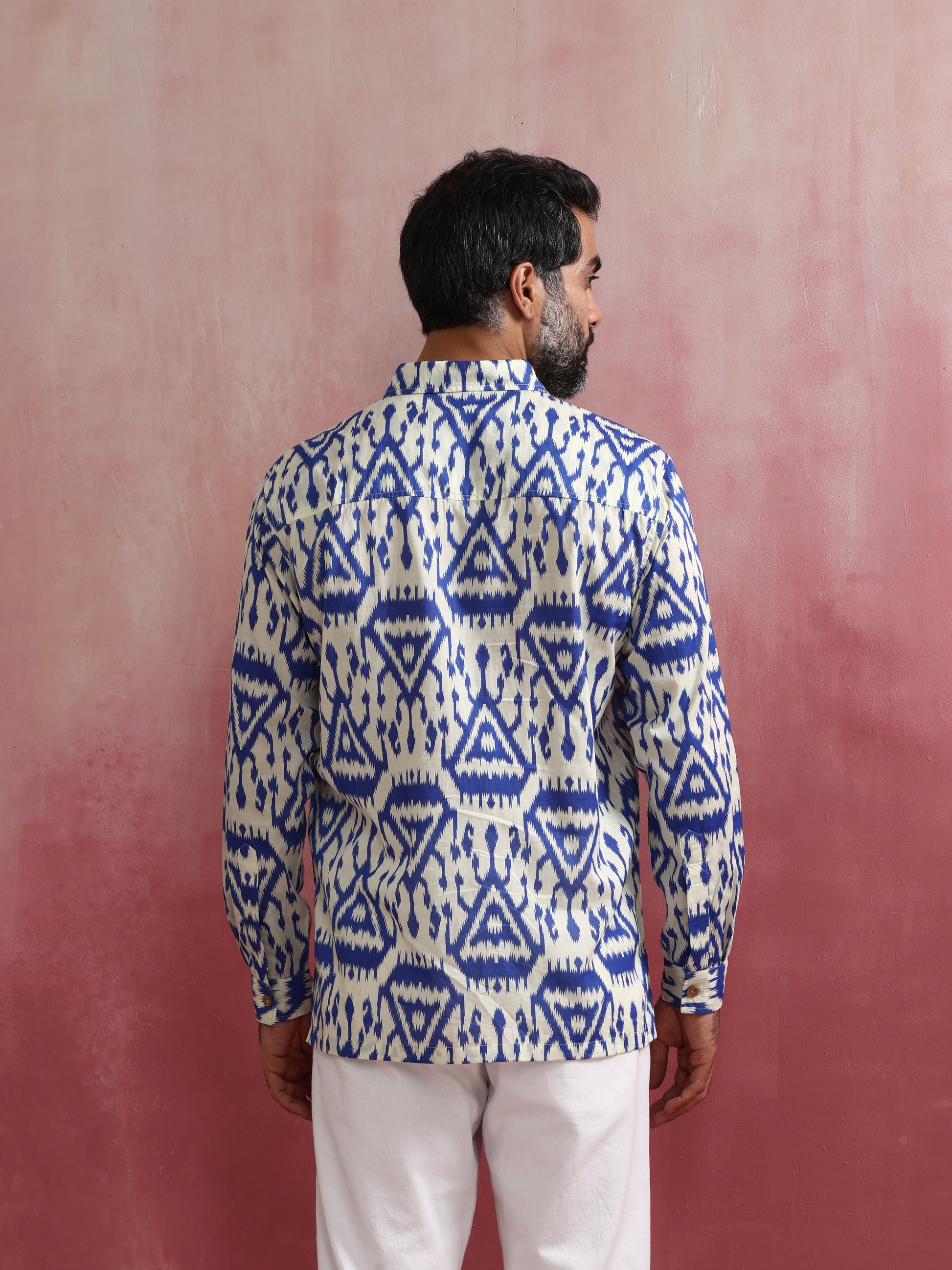 trueBrowns Men's Blue Ikat Print Cambric Shirt | Swadesiicart