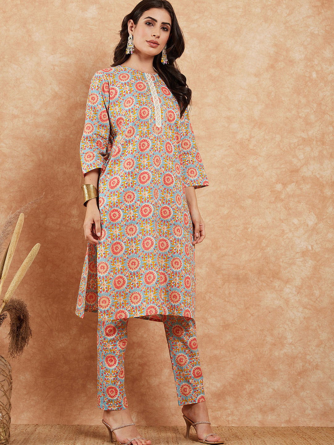 InWeave Women's Light Blue Floral Jaal Gota Work Straight Kurta Pant Set - Swadesiicart