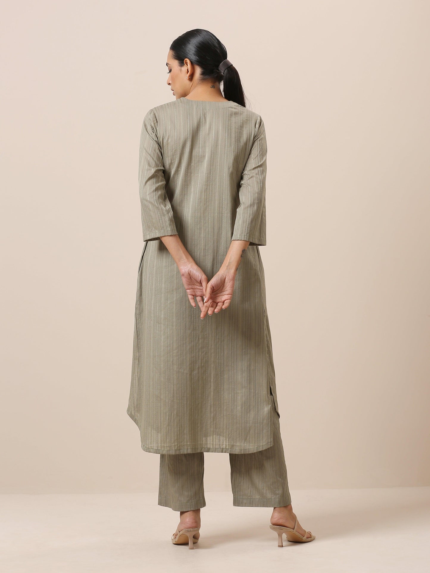 trueBrowns Cotton Olive Green Flared Slit Kurta Pant Set | Swadesiicart