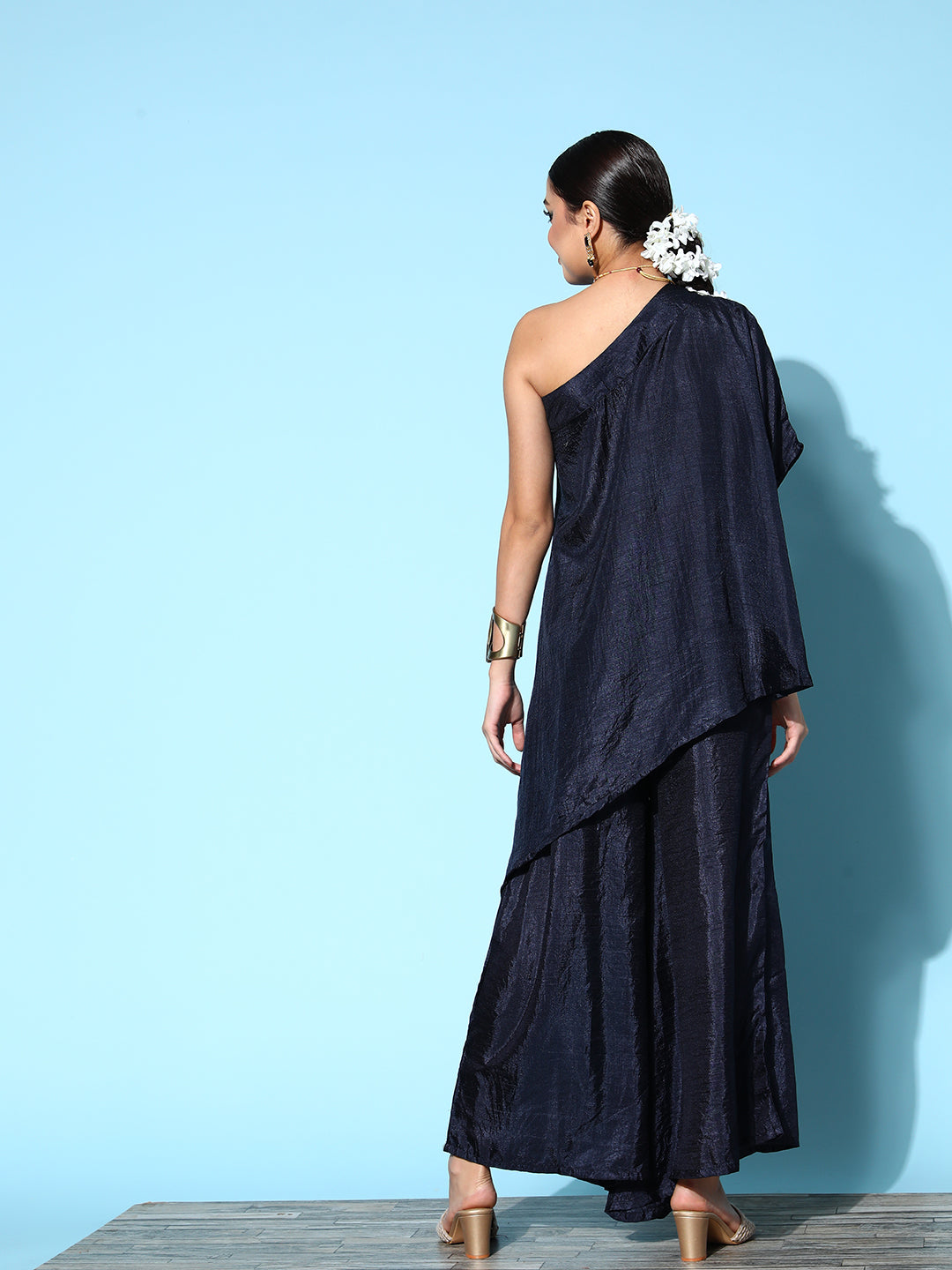 InWeave Women's Navy One Shoulder Kurta Set With Gota Work - Swadesiicart