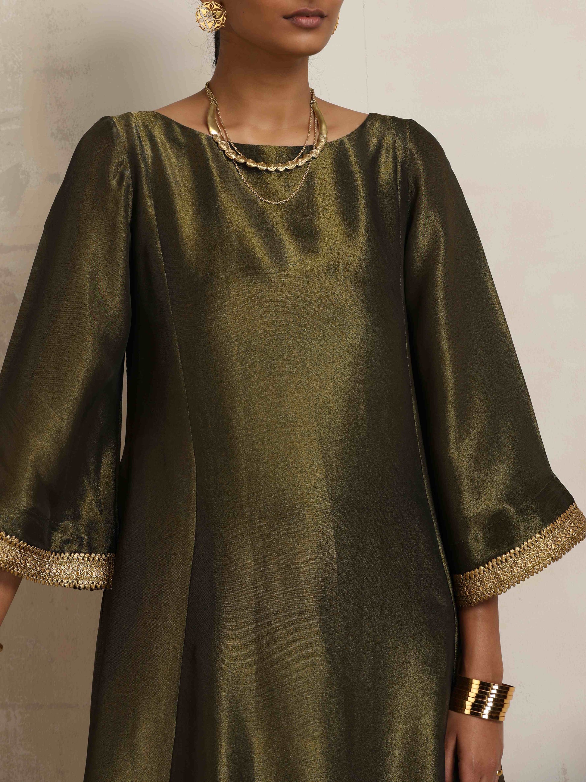 trueBrowns Olive Green Tissue Flared Anarkali Kurta Set | Swadesiicart