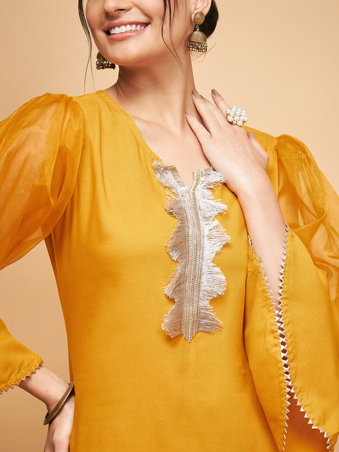 InWeave Women's Mustard Organza Sleeve Kurta Set - Swadesiicart