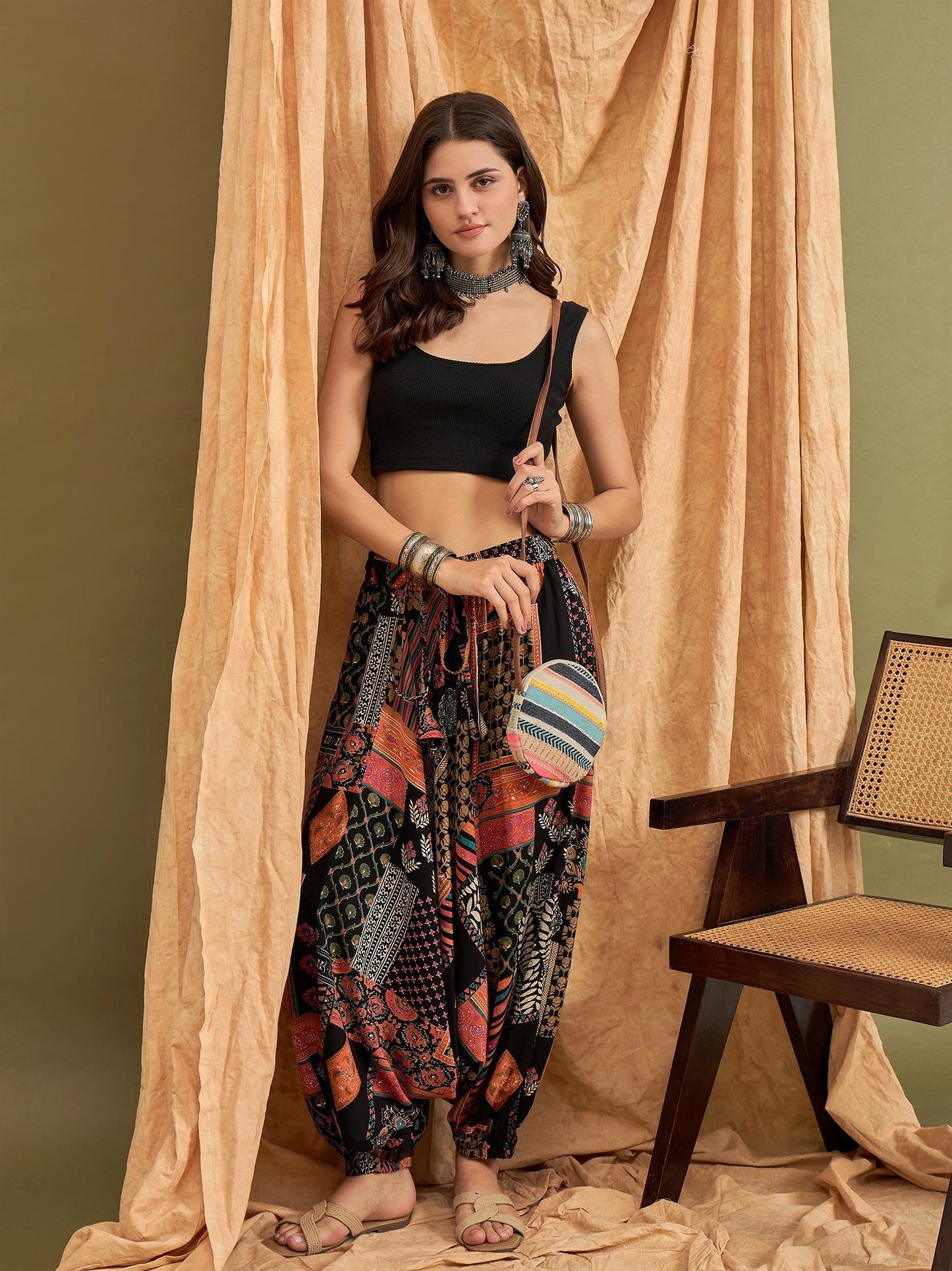 InWeave Black Multi Ethnic Harem Pant - Swadesiicart