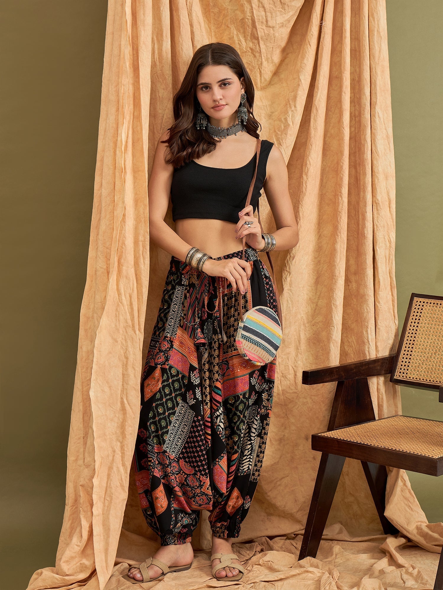 InWeave Black Multi Ethnic Harem Pant - Swadesiicart