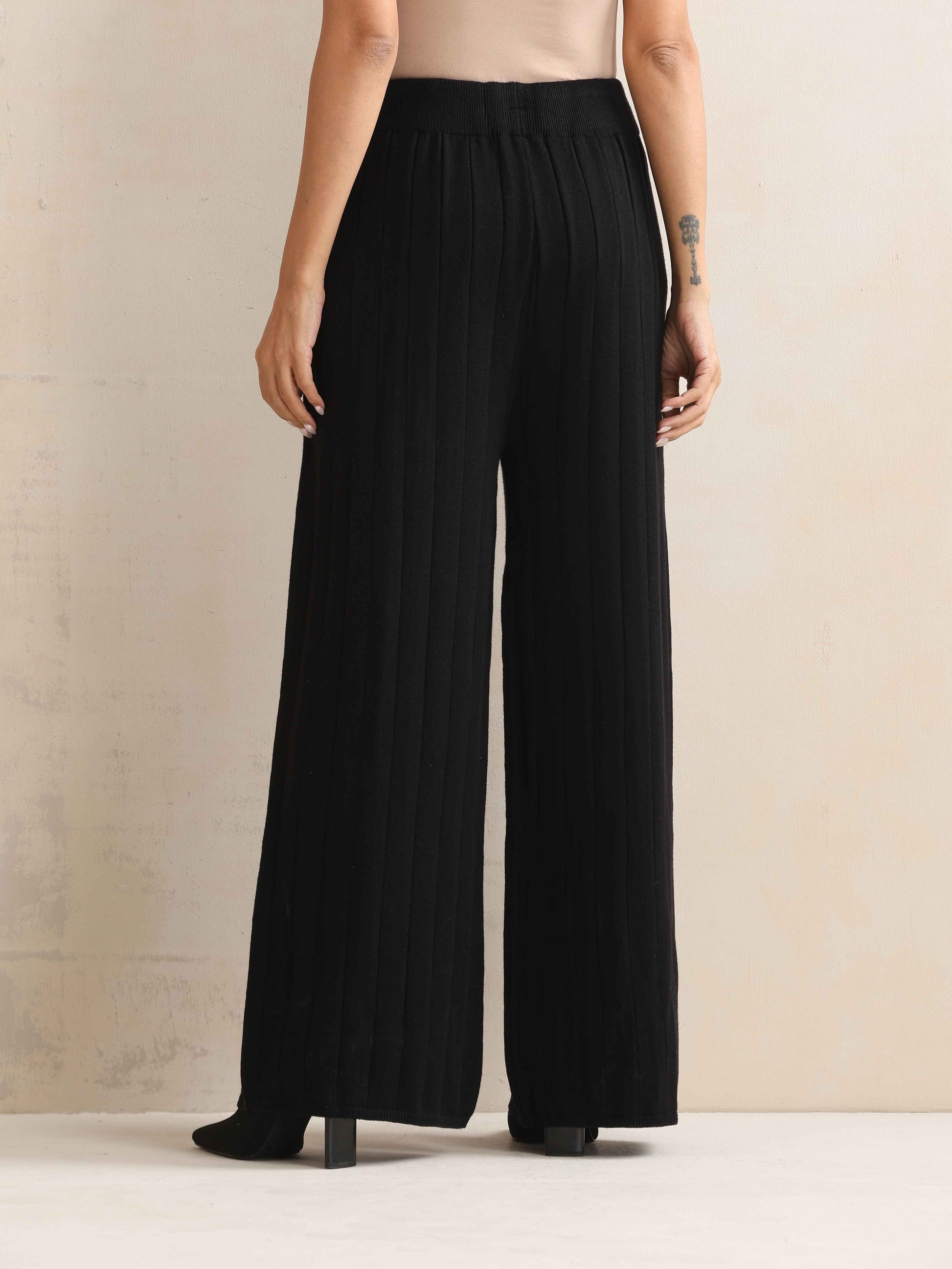 trueBrowns Black Woollen Flared Pants | Swadesiicart