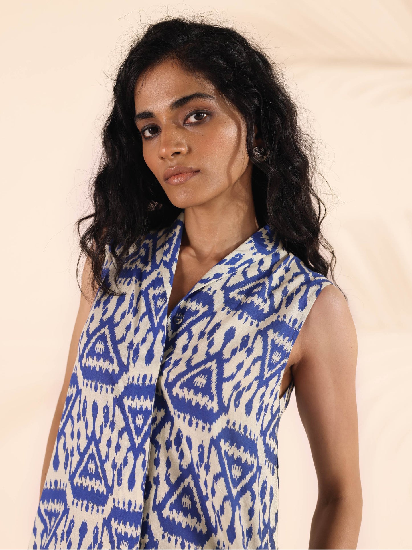 trueBrowns Blue Cotton Ikat Sleeveless Co-ord Set - Swadesiicart