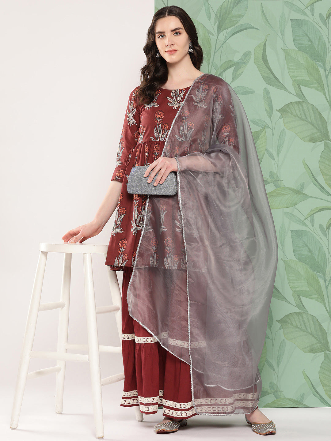 InWeave Women's Brick Rust Boota Sharara Set With Dupatta - Swadesiicart