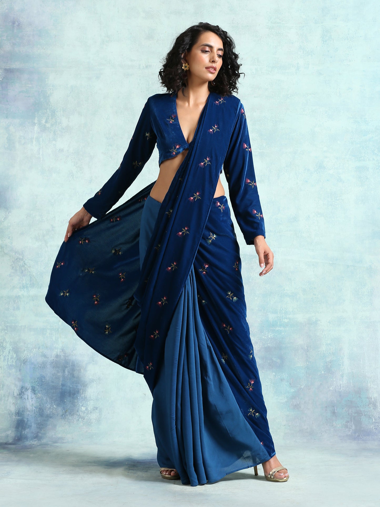 trueBrowns Blue Embroidered Velvet Blouse | Swadesiicart