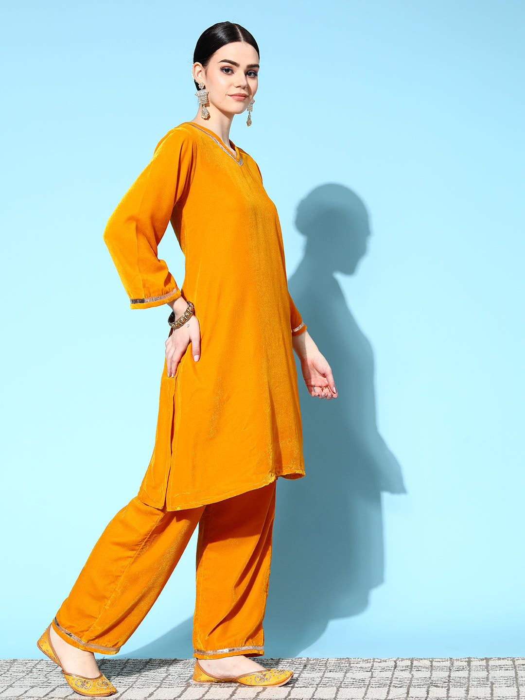 InWeave Women's Mustard Velvet Kurta Set With Mustard Kota Bandhani Dupatta - Swadesiicart