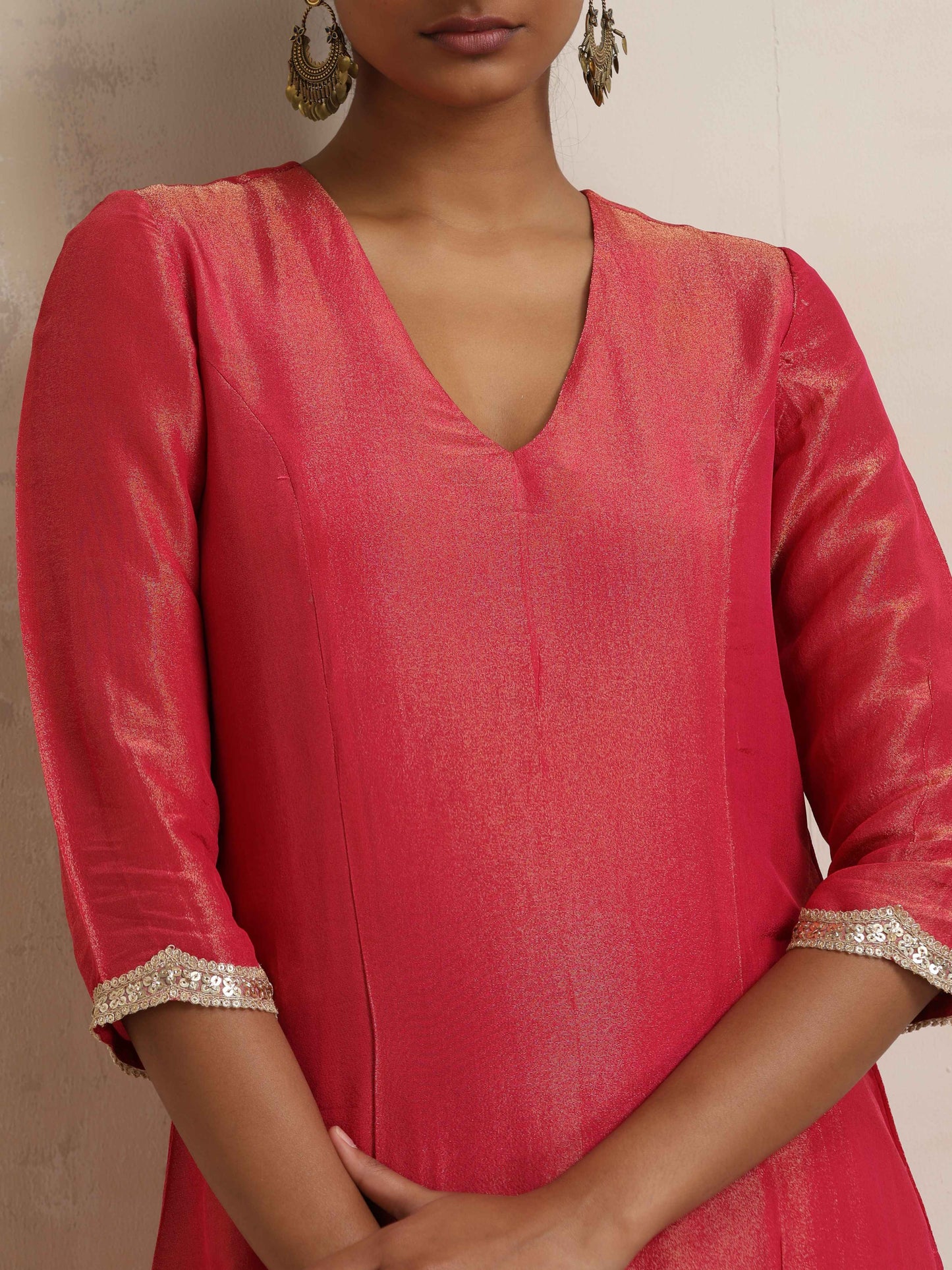 trueBrowns Hot Pink Tissue Straight Kurta Set | Swadesiicart