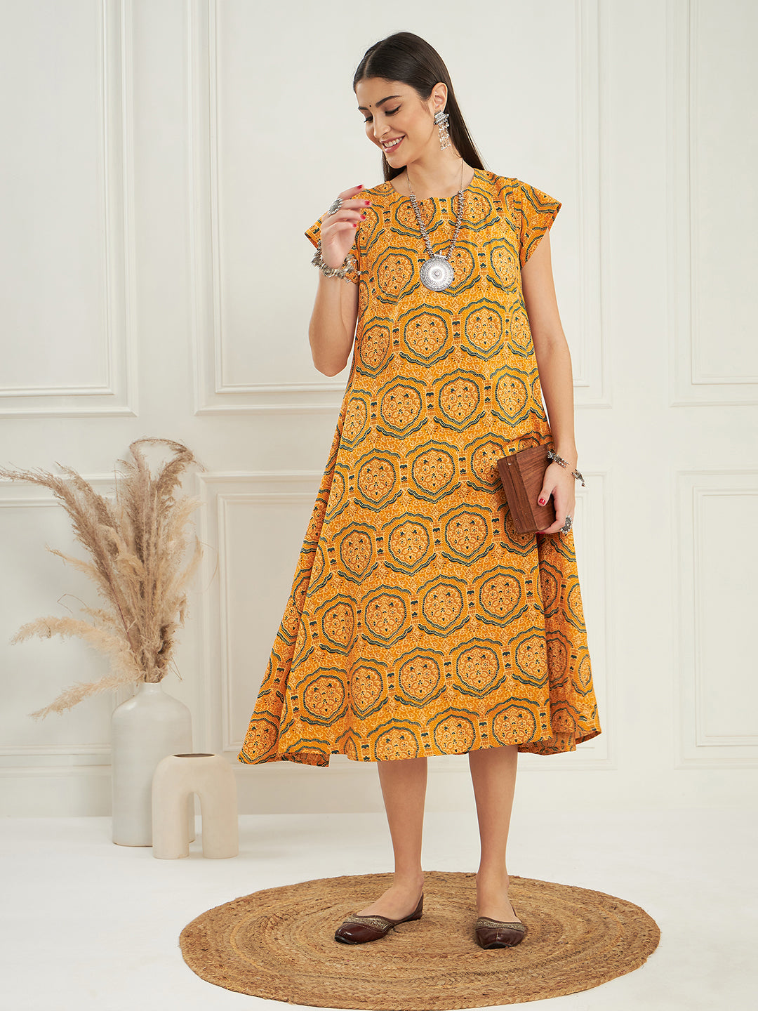 InWeave Women's Haldi Yellow Mughal Kalamkari A Line Dress - Swadesiicart