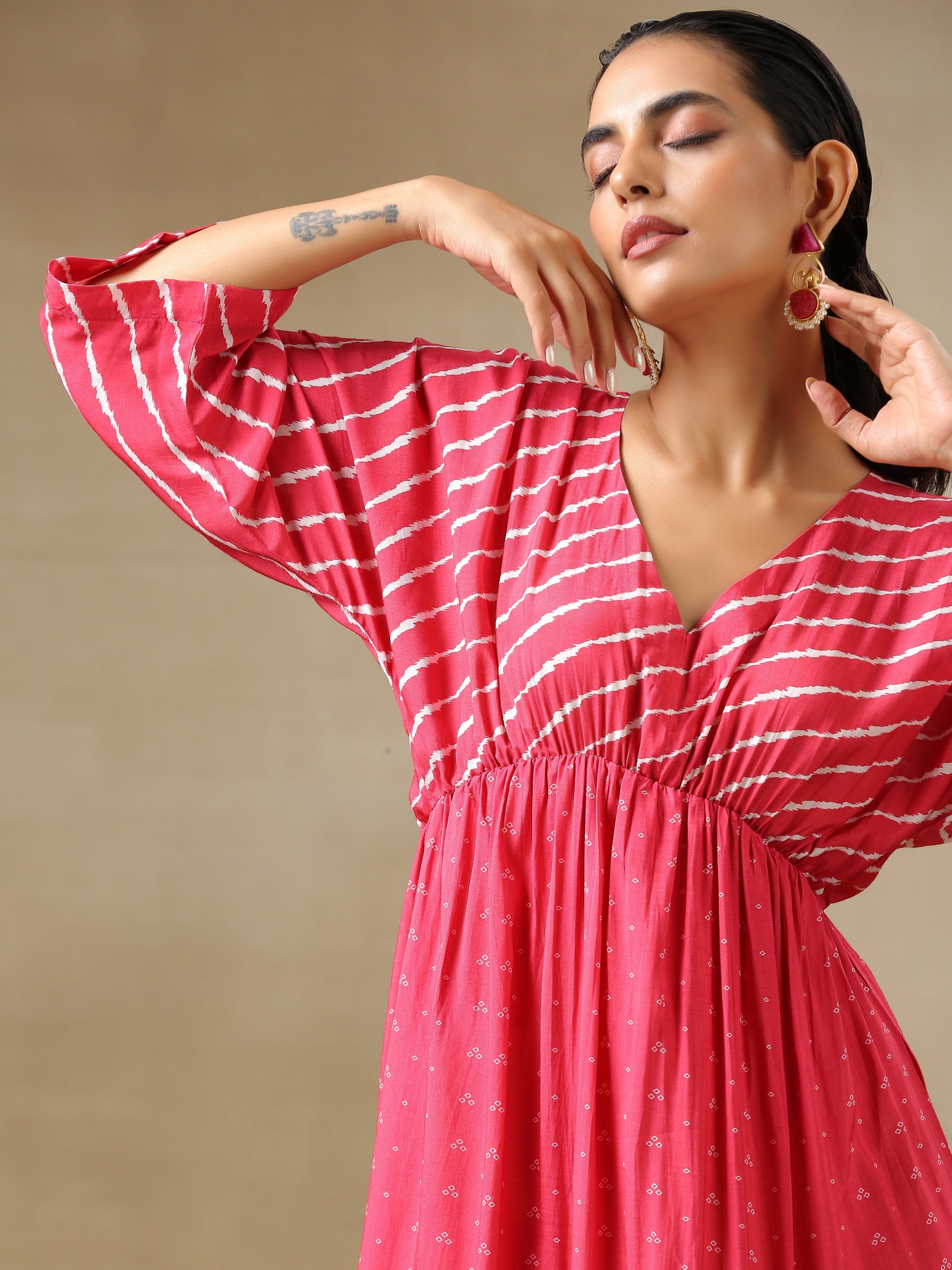 trueBrowns Pink Bandhani Printed Silk Drop Shoulder Dress | Swadesiicart
