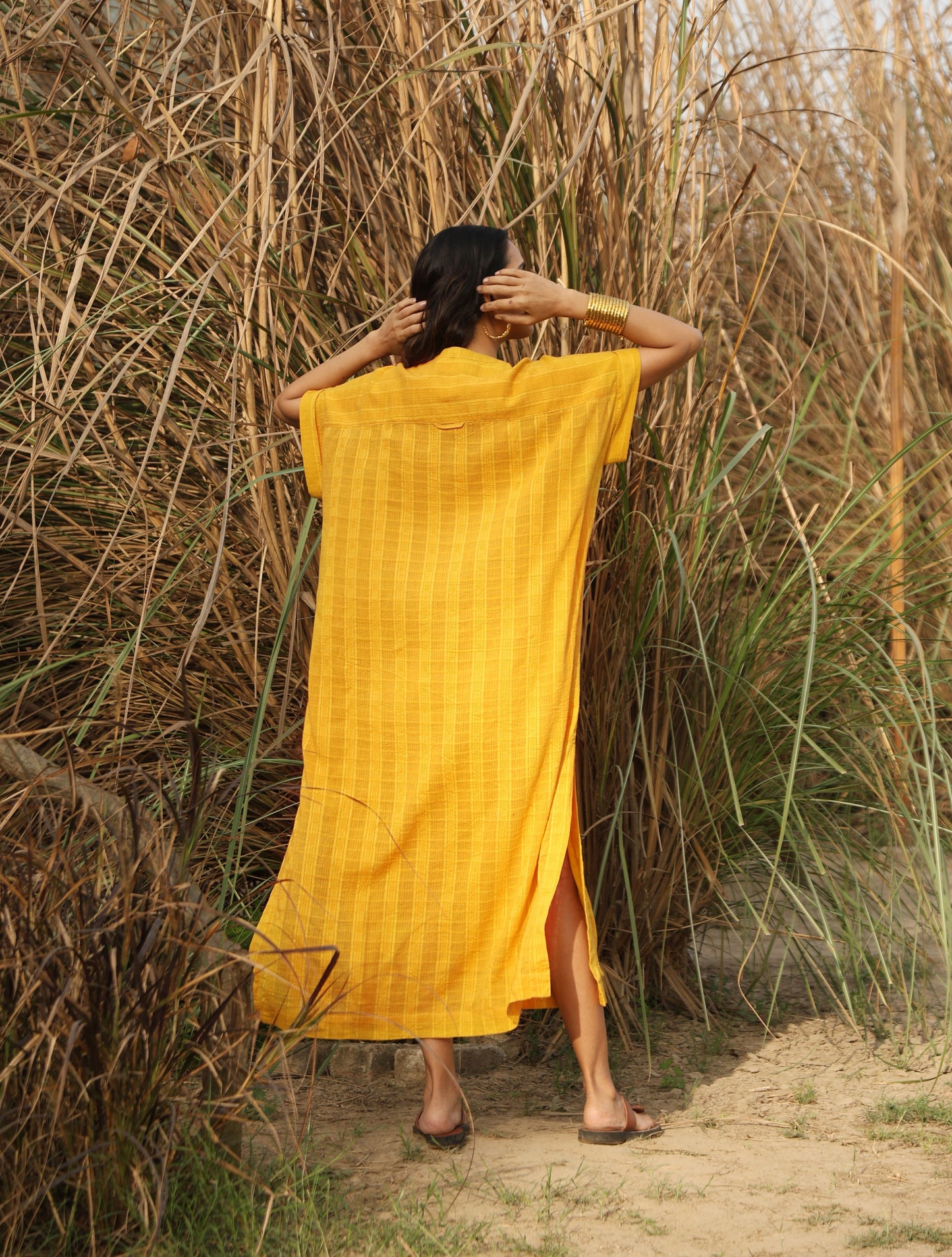 trueBrowns Mustard Cotton Dobby Oversized Dress | Swadesiicart