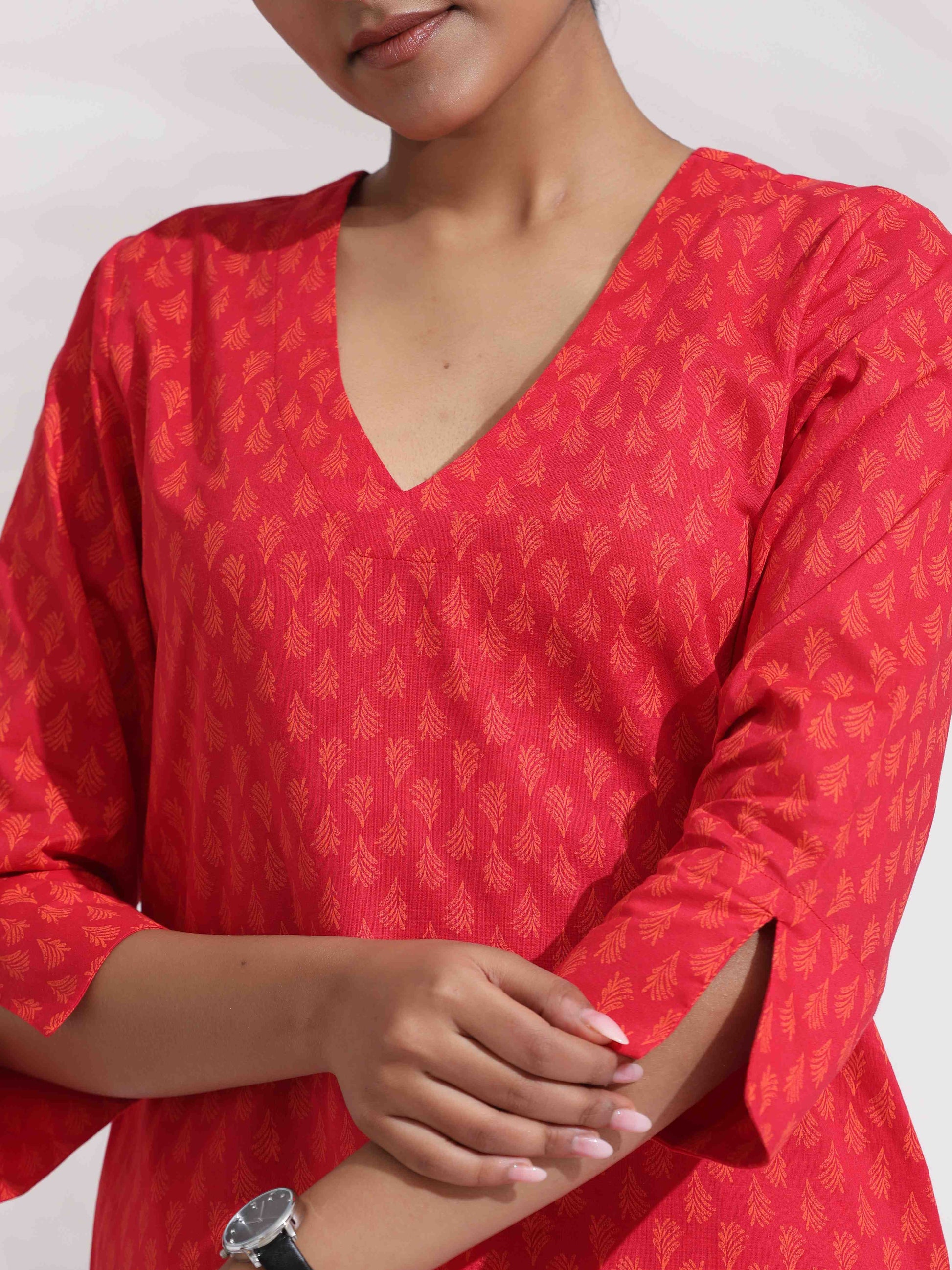 trueBrowns Red Cotton Print Kurta Co-ord Set - Swadesiicart