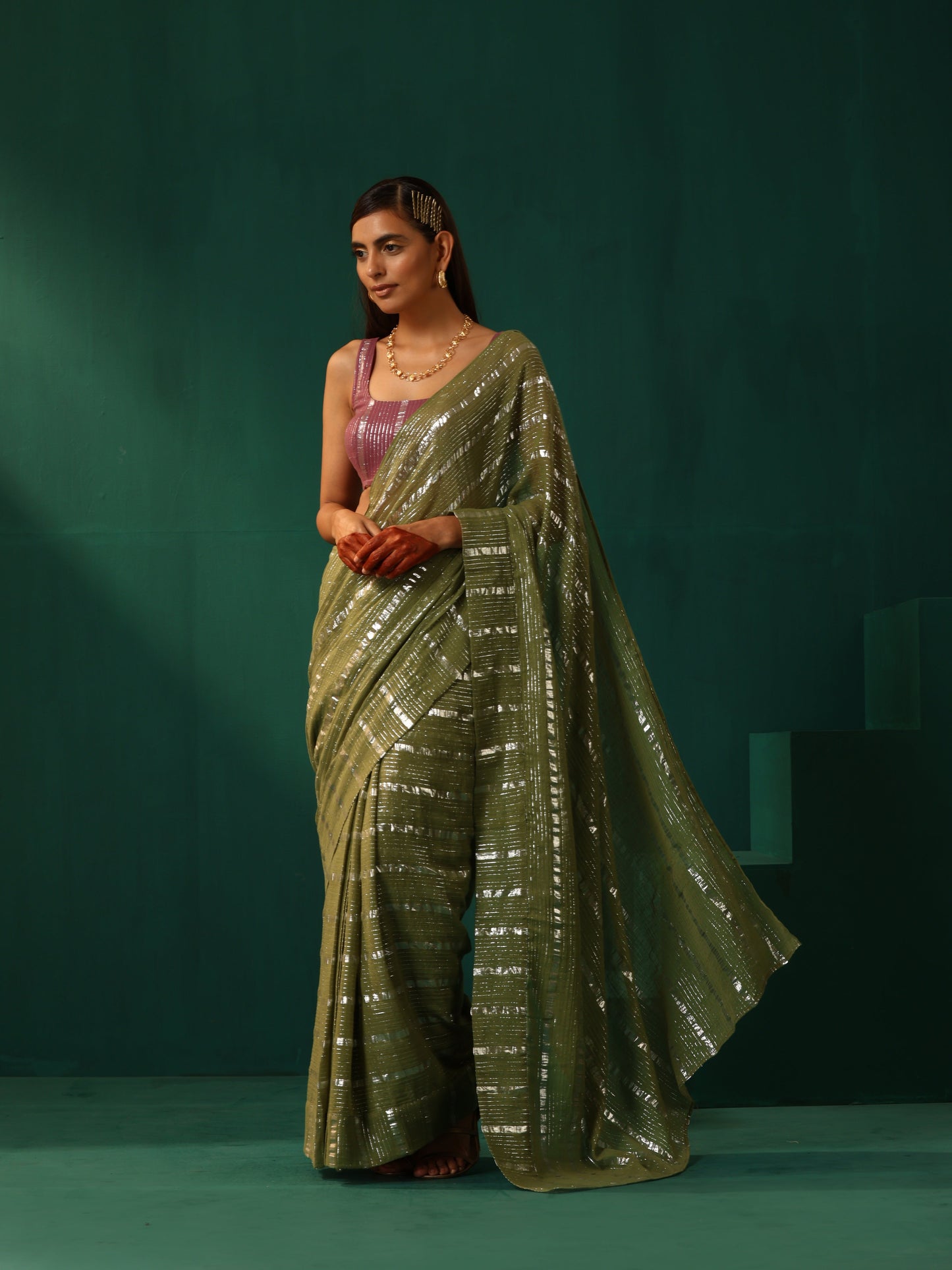 trueBrowns Sage Green Cotton Silver Lurex Striped Ready to Wear Saree | Swadesiicart