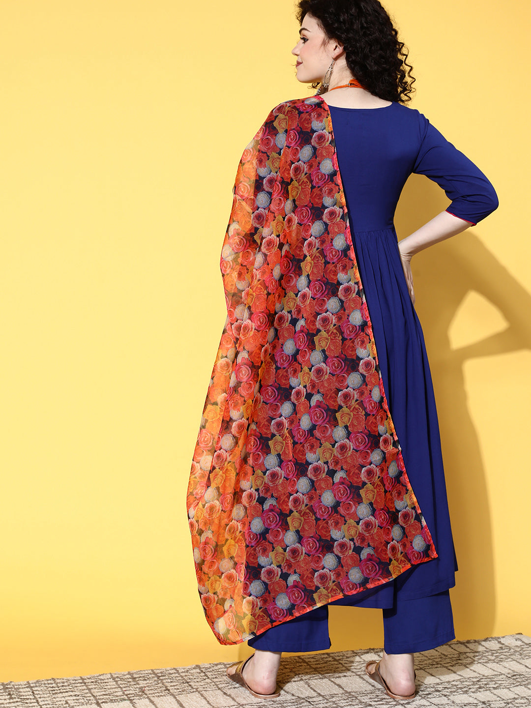 InWeave Women's Ink Blue Long Anarkali Kurta Set With Red Rose Organza Dupatta - Swadesiicart