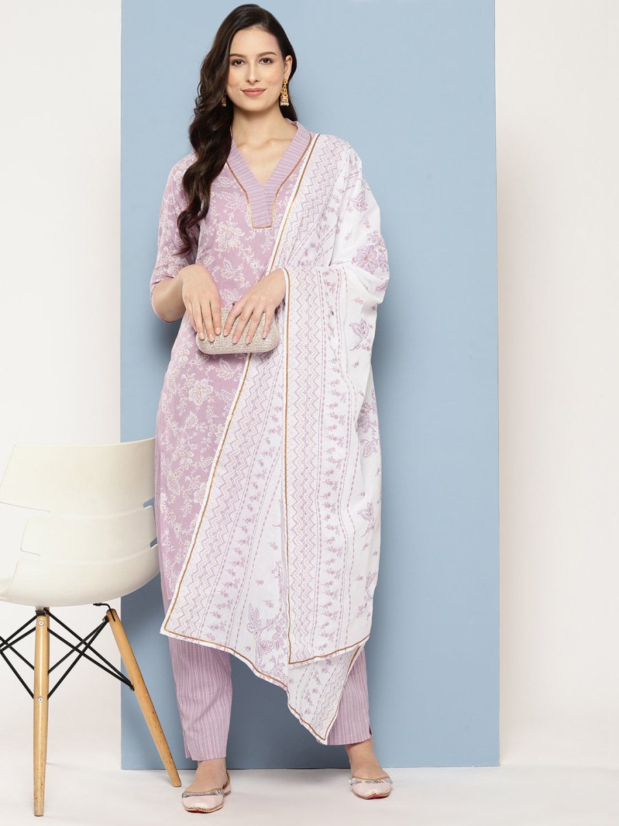 Ahalyaa Women Floral Printed Gotta Patti Pure Cotton Kurta with Trousers & With Dupatta | Swadesiicart