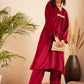 InWeave Women's Barn Red V Neck Asymmetrical Pleated Velvet Kurta Set - Swadesiicart