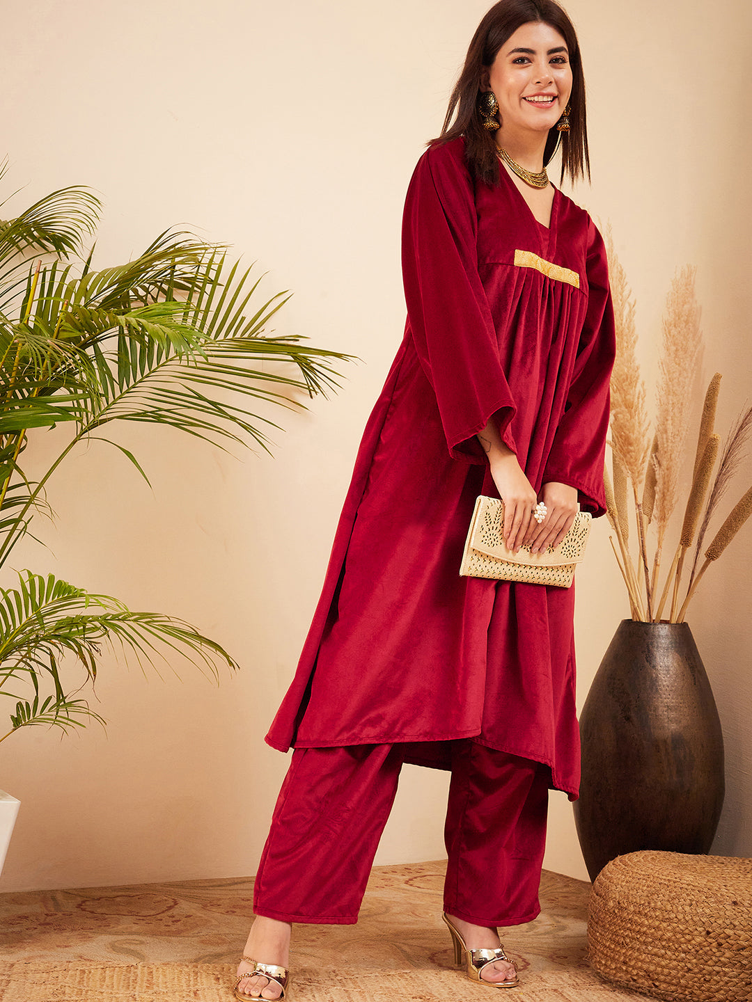 InWeave Women's Barn Red V Neck Asymmetrical Pleated Velvet Kurta Set - Swadesiicart