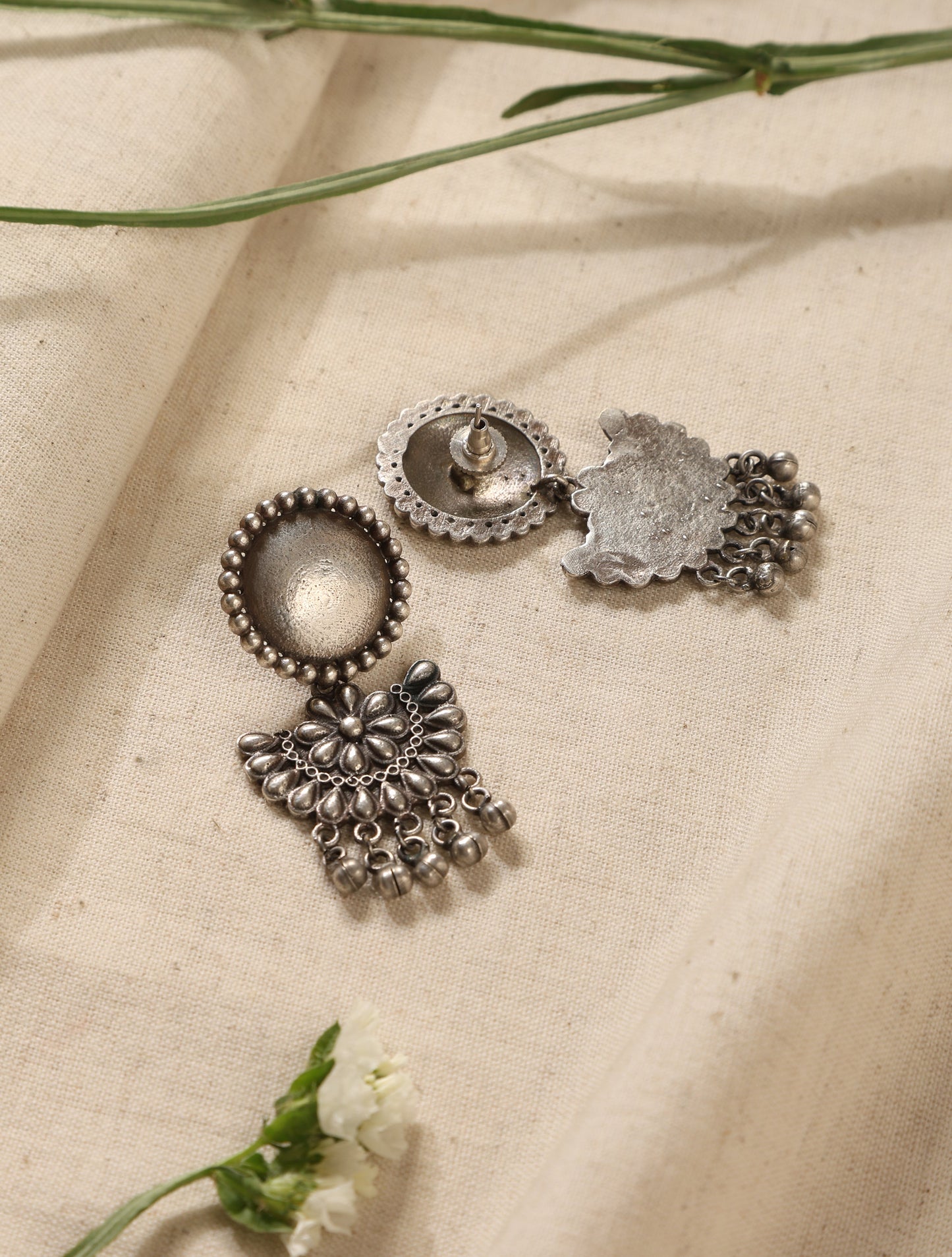 trueBrowns Silver Crescent Floral Earrings | Swadesiicart