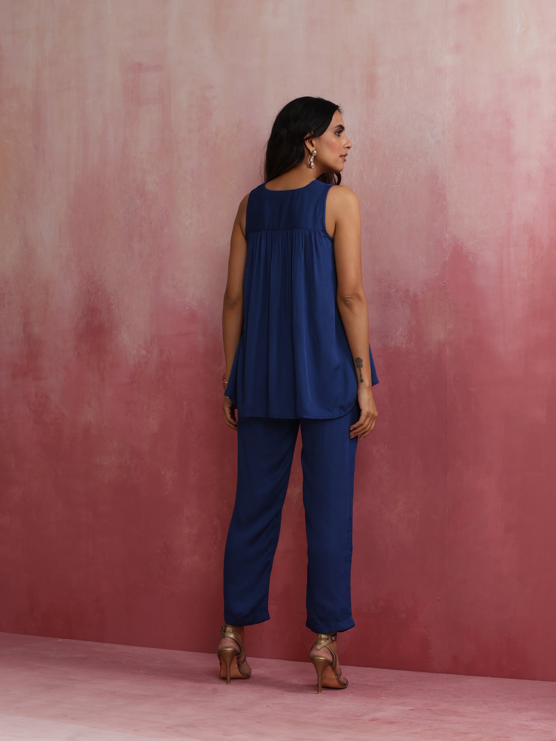 trueBrowns Blue Modal Flared Kurta Co-ord Set - Swadesiicart