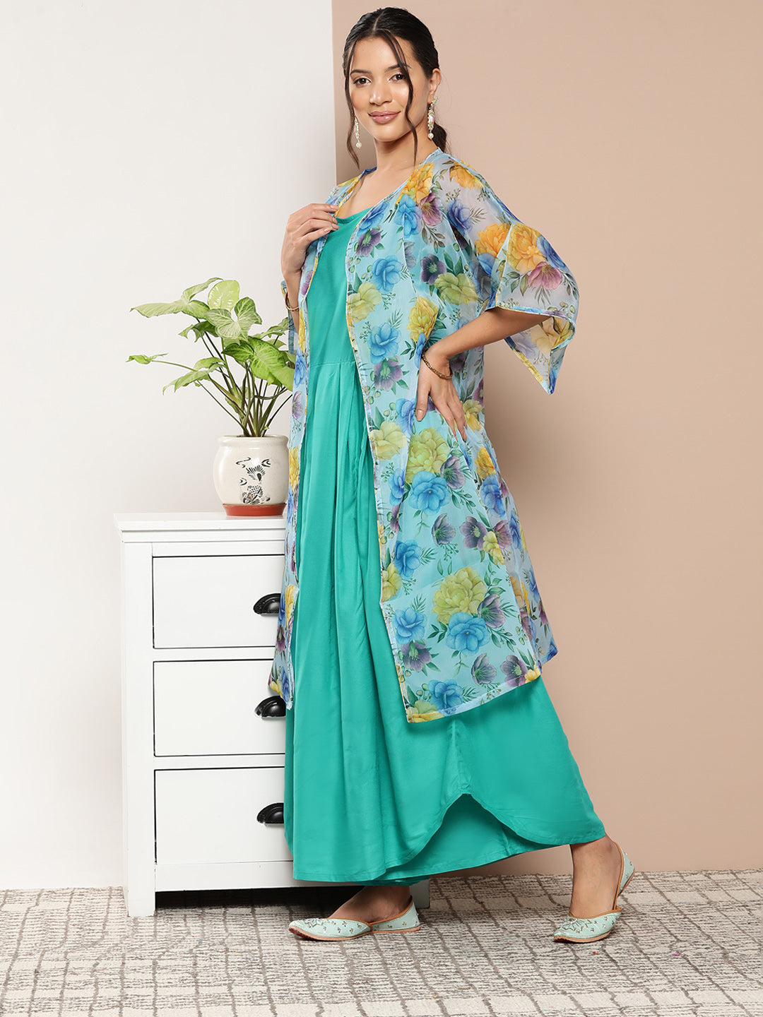 InWeave Women's Teal Blue Strappy Set With Blue Yellow Floral Cape - Swadesiicart