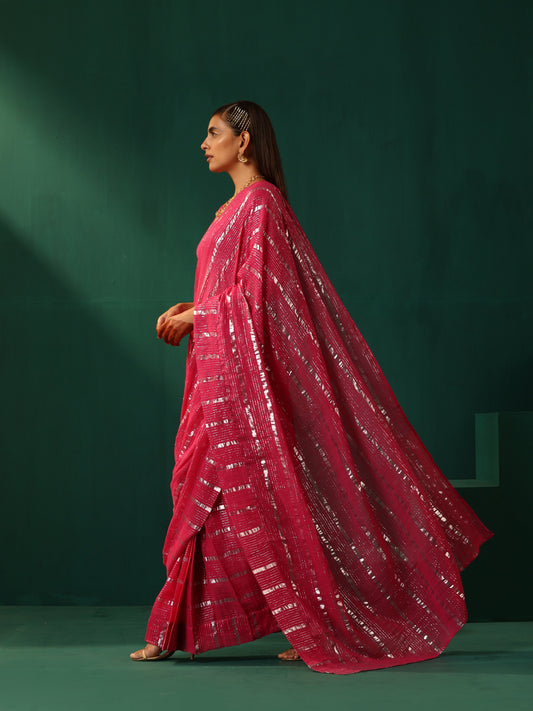 trueBrowns Rani Pink Cotton Silver Lurex Striped Ready to Wear Saree | Swadesiicart