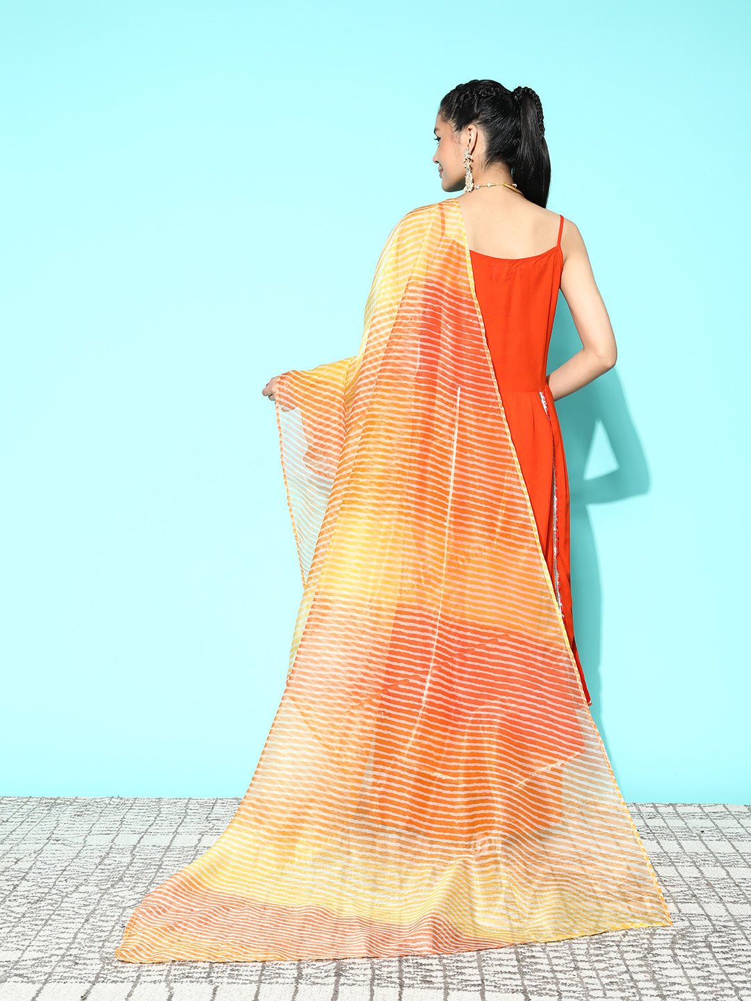 InWeave Women's Orange Red Gota Strappy Set With Orange Leh Dupatta - Swadesiicart