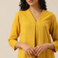 trueBrowns Mustard Yellow Slub Texture Neck Pleat Kurta Pant Set | Swadesiicart