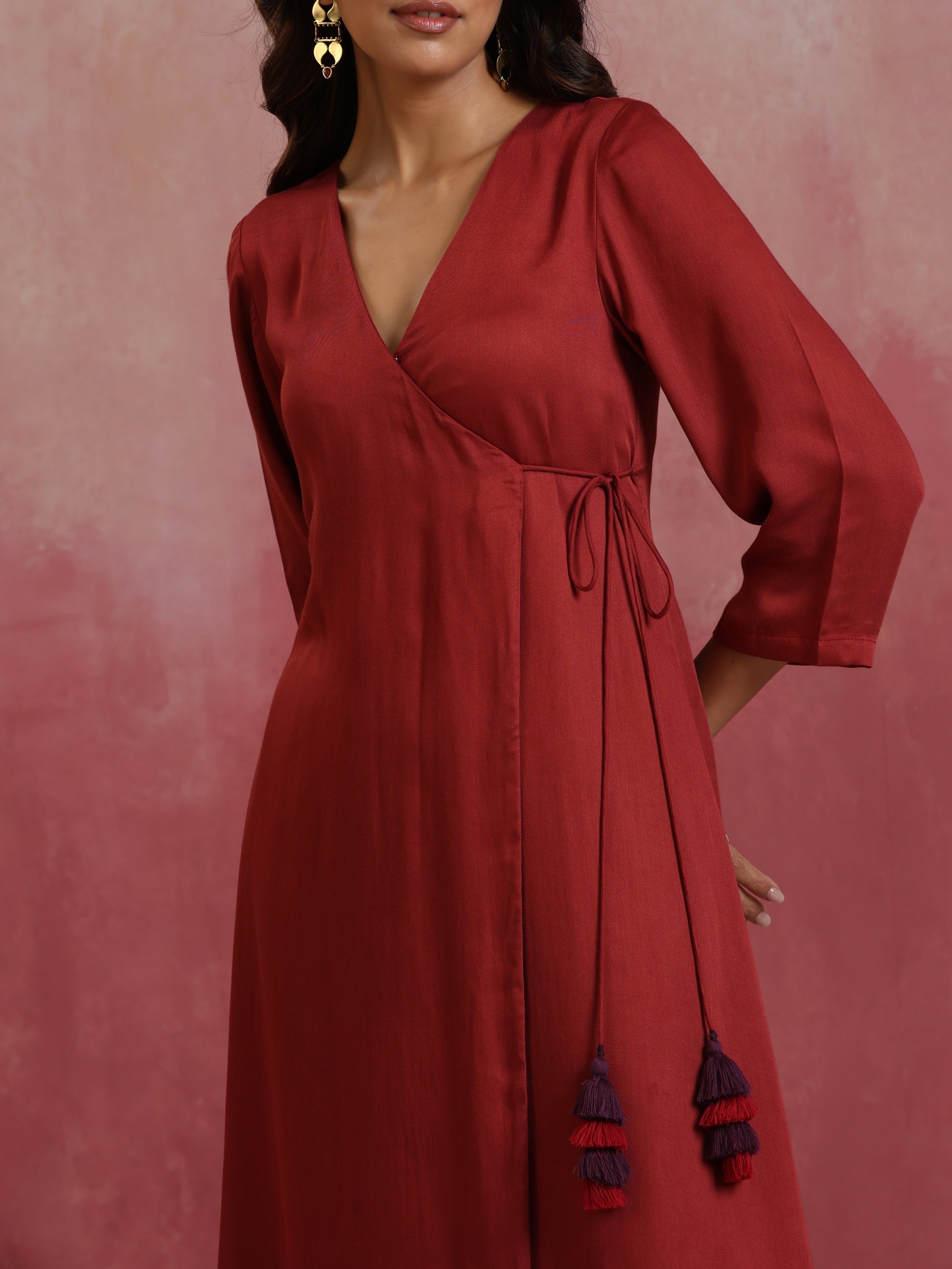 trueBrowns Maroon Modal Angrakha Kurta Set | Swadesiicart