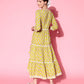 InWeave Women's Yellow Floral Print Tiered Dress With Lace - Swadesiicart