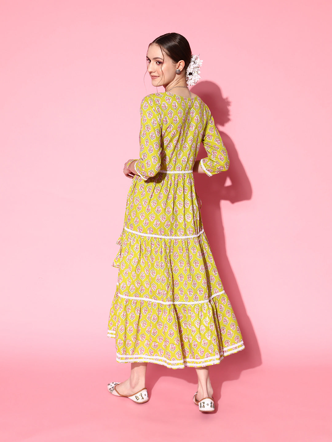 InWeave Women's Yellow Floral Print Tiered Dress With Lace - Swadesiicart