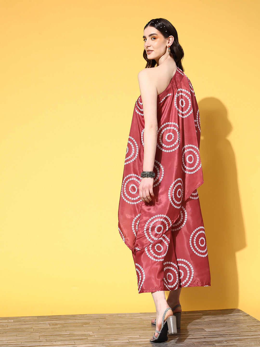 InWeave Women's Maroon Bandhani Motif One Shoulder Palazzo Set - Swadesiicart