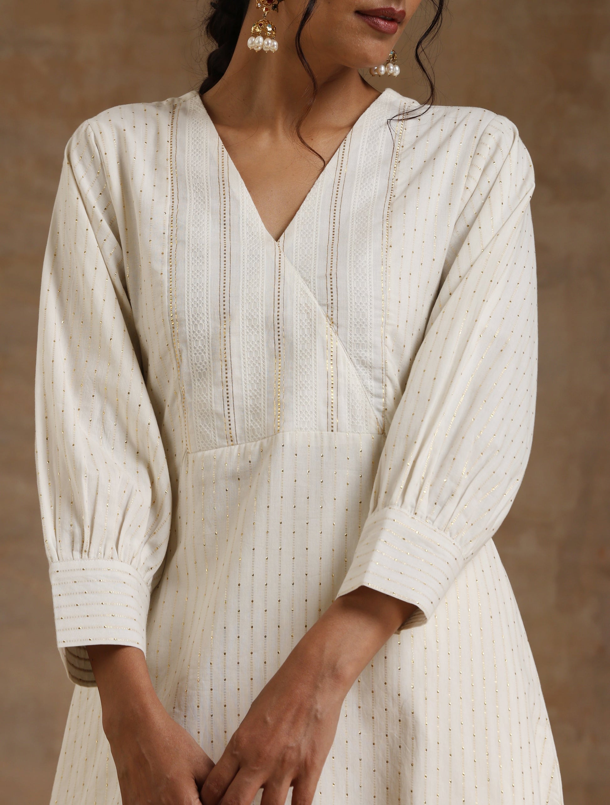 trueBrowns Ivory Gold Cotton Overlap Yoke Kurta Set | Swadesiicart