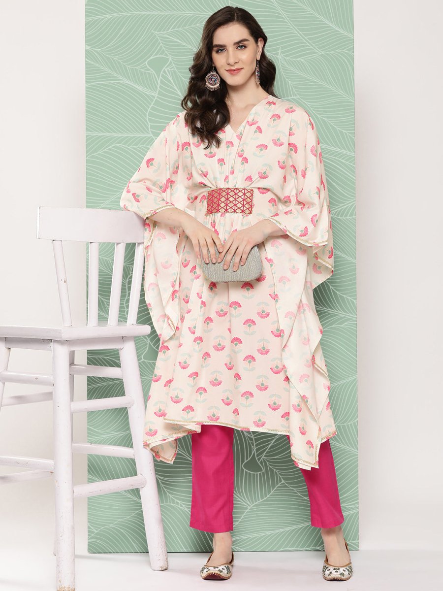 Ahalyaa Women Floral Printed Flared Sleeves Gotta Patti Crepe Kaftan Kurta | Swadesiicart