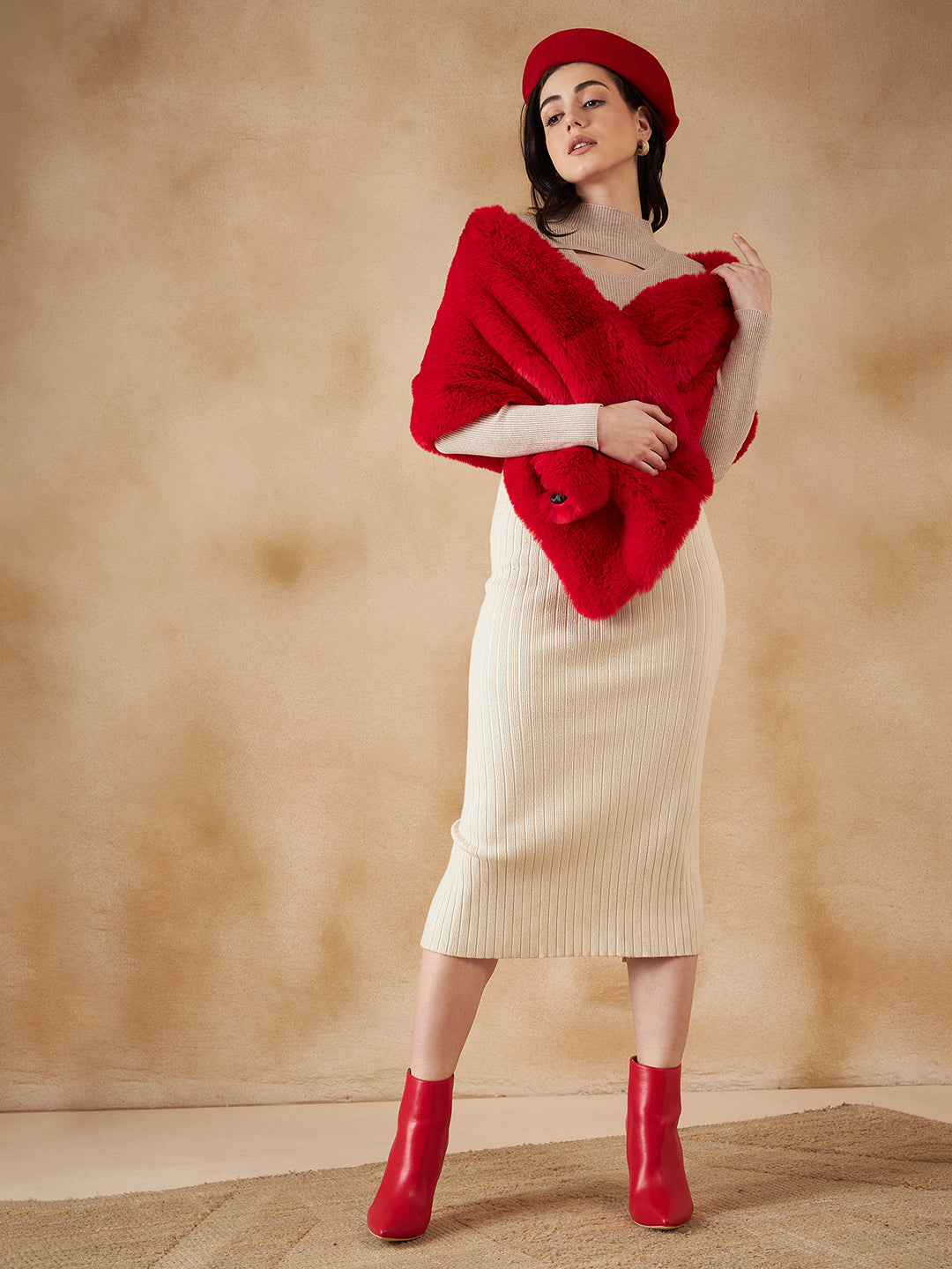 InWeave Women's Cherry Red Long Faux Fur Cape - Swadesiicart