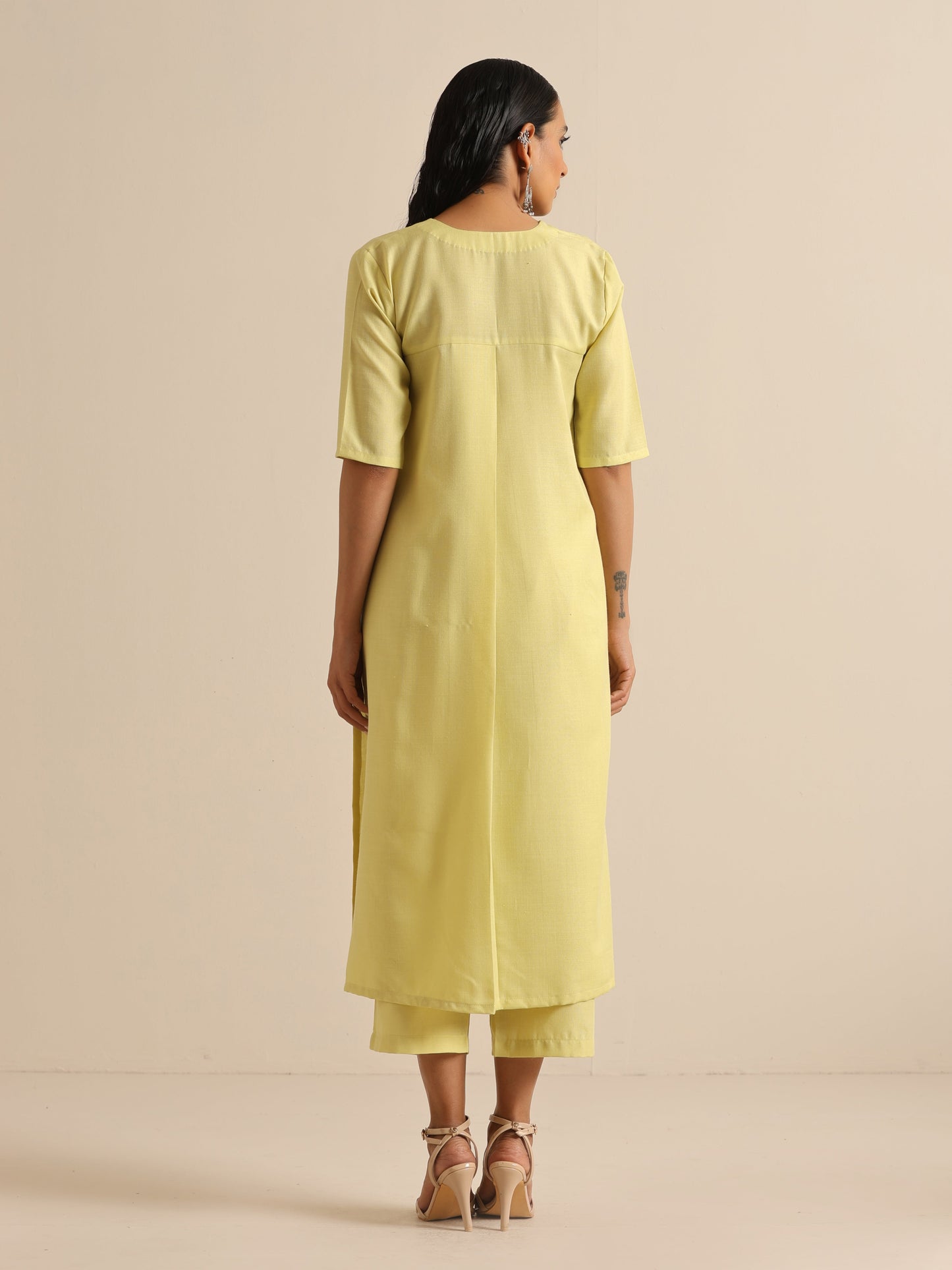 trueBrowns Spark Green Slub High Slit Kurta Pant Set | Swadesiicart