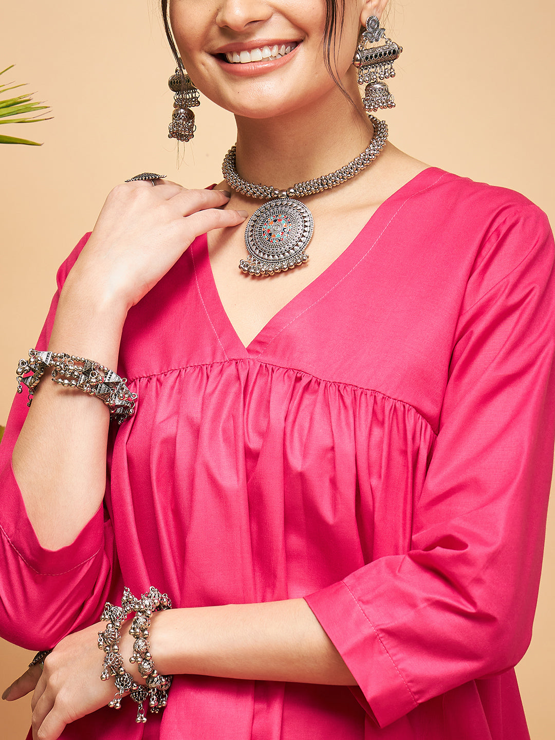 InWeave Women's Fuchsia Flared Kurta Palazzo Set - Swadesiicart