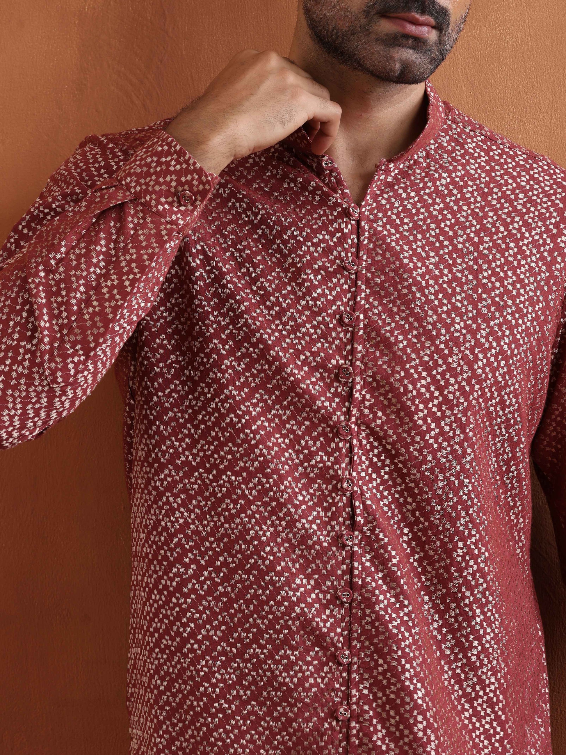 trueBrowns Men's Rust Cotton Dobby Short Kurta | Swadesiicart