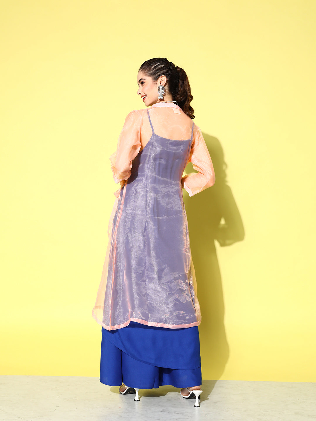 InWeave Women's Ink Blue Strappy Kurta Set With Peach Organza Cape - Swadesiicart