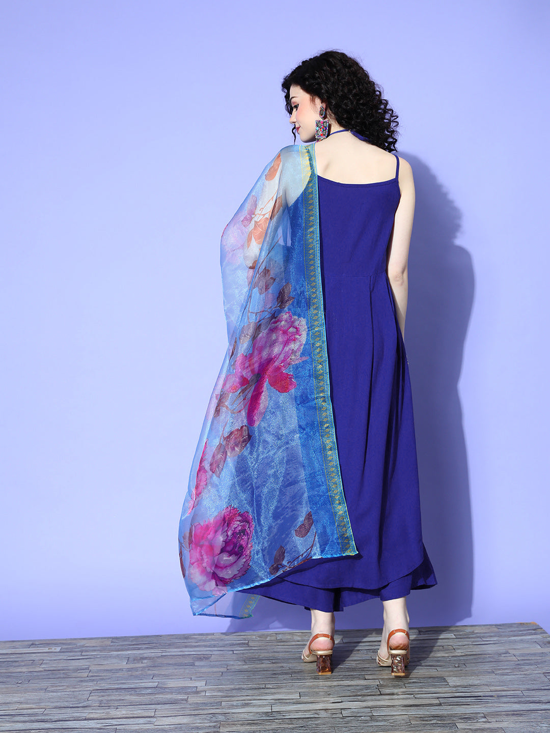 InWeave Women's Strappy Set In Ink Blue With Blue Fuschia Floral Organza Dupatta - Swadesiicart