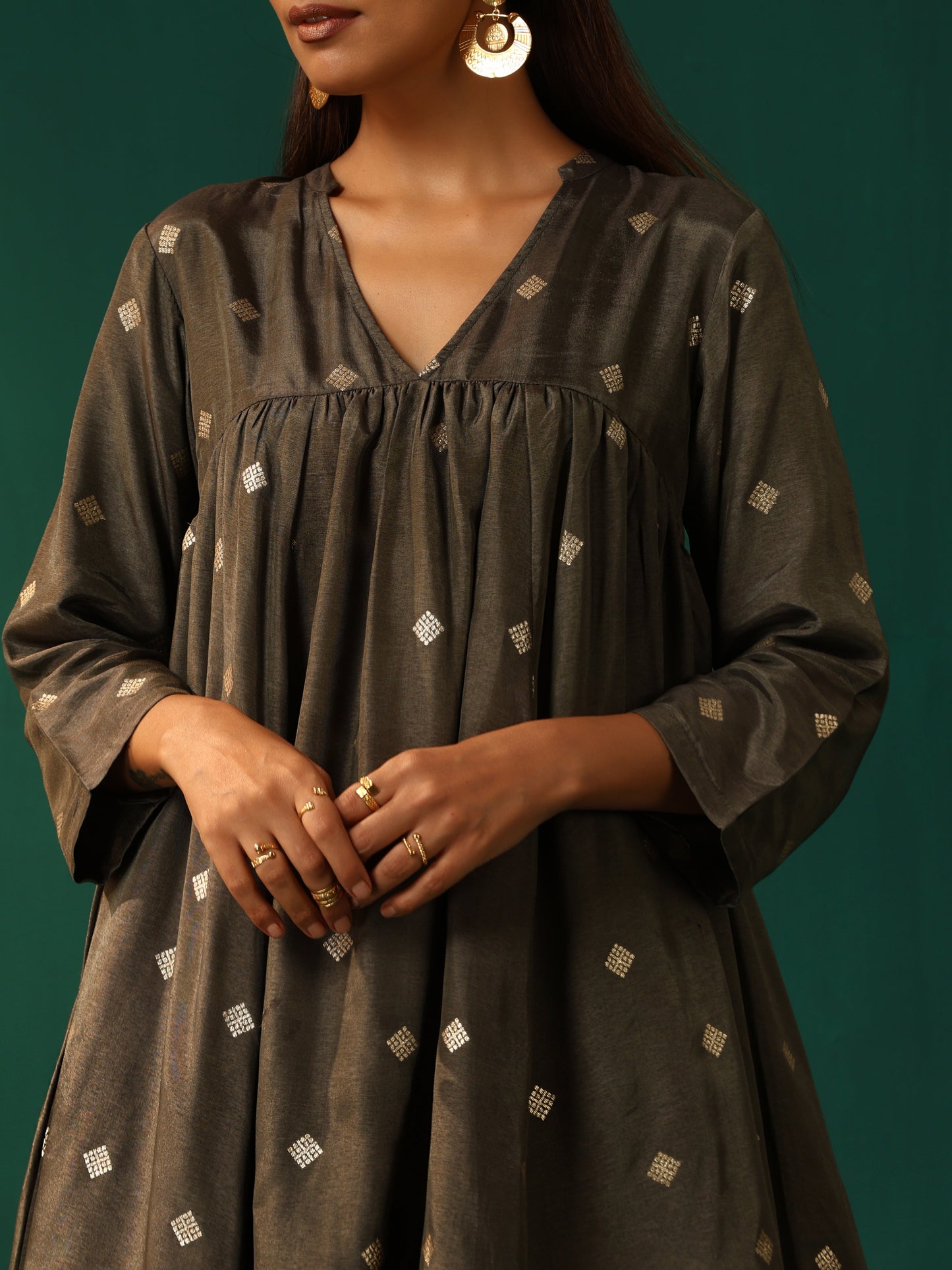trueBrowns Grey Diamond Viscose Silk Yoke Gathered Co-ord Set - Swadesiicart