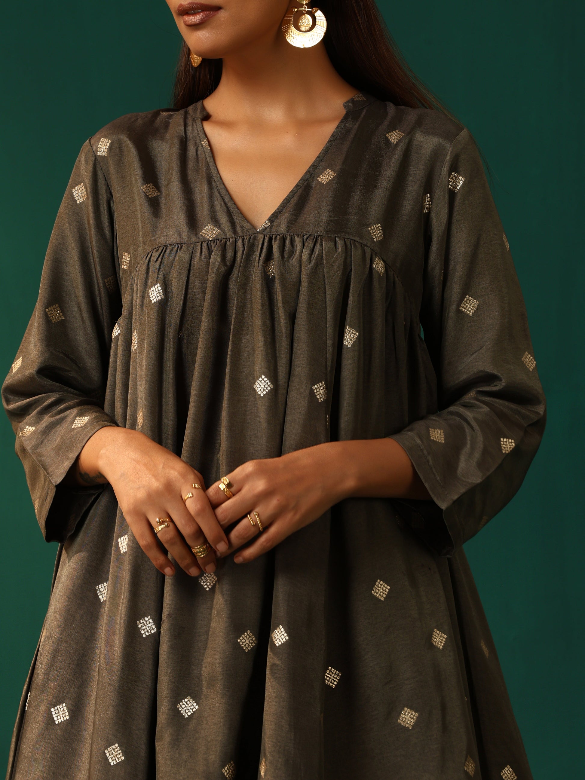 trueBrowns Grey Diamond Viscose Silk Yoke Gathered Co-ord Set - Swadesiicart