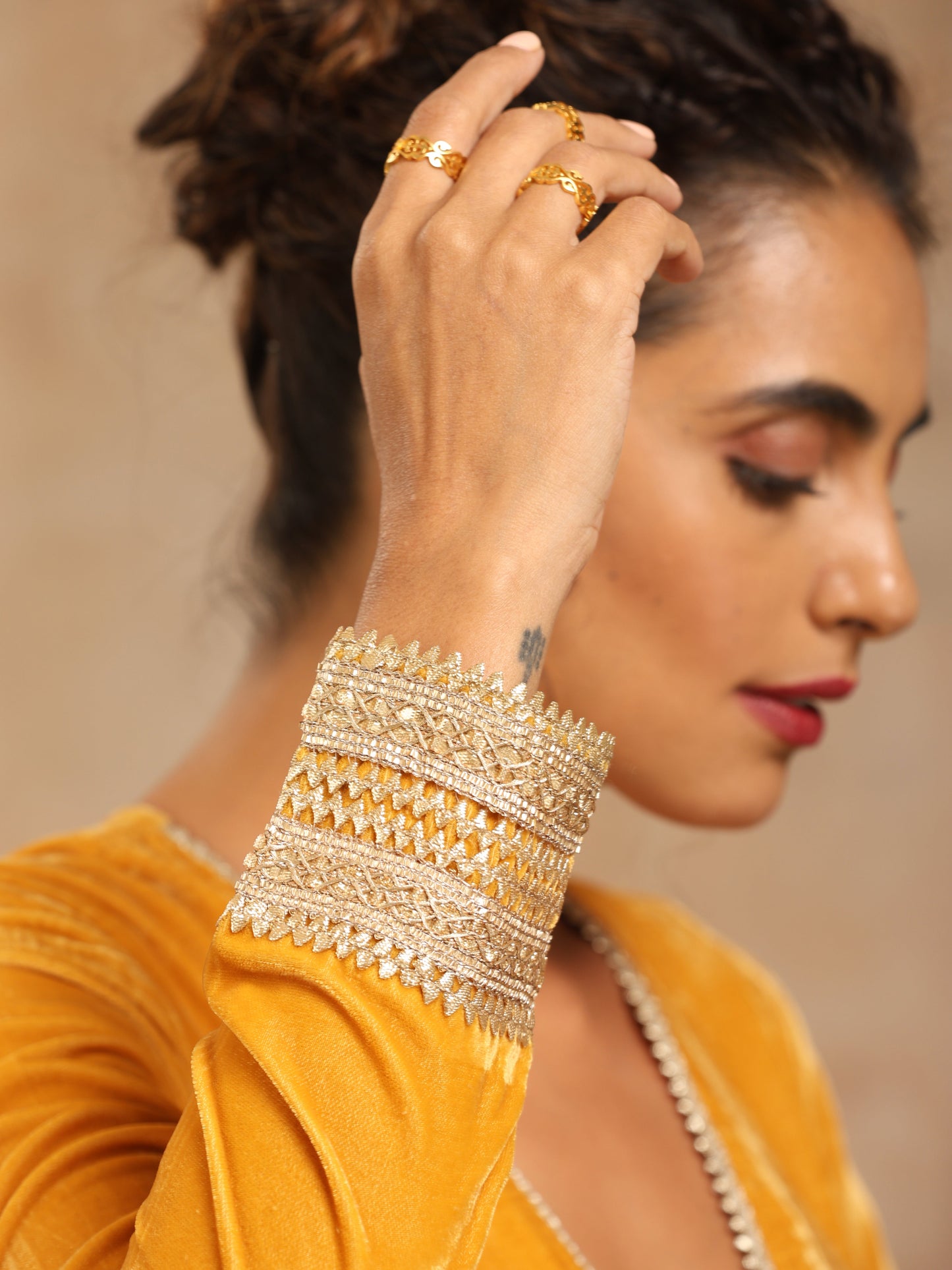 trueBrowns Mustard Velvet Lace Blouse | Swadesiicart