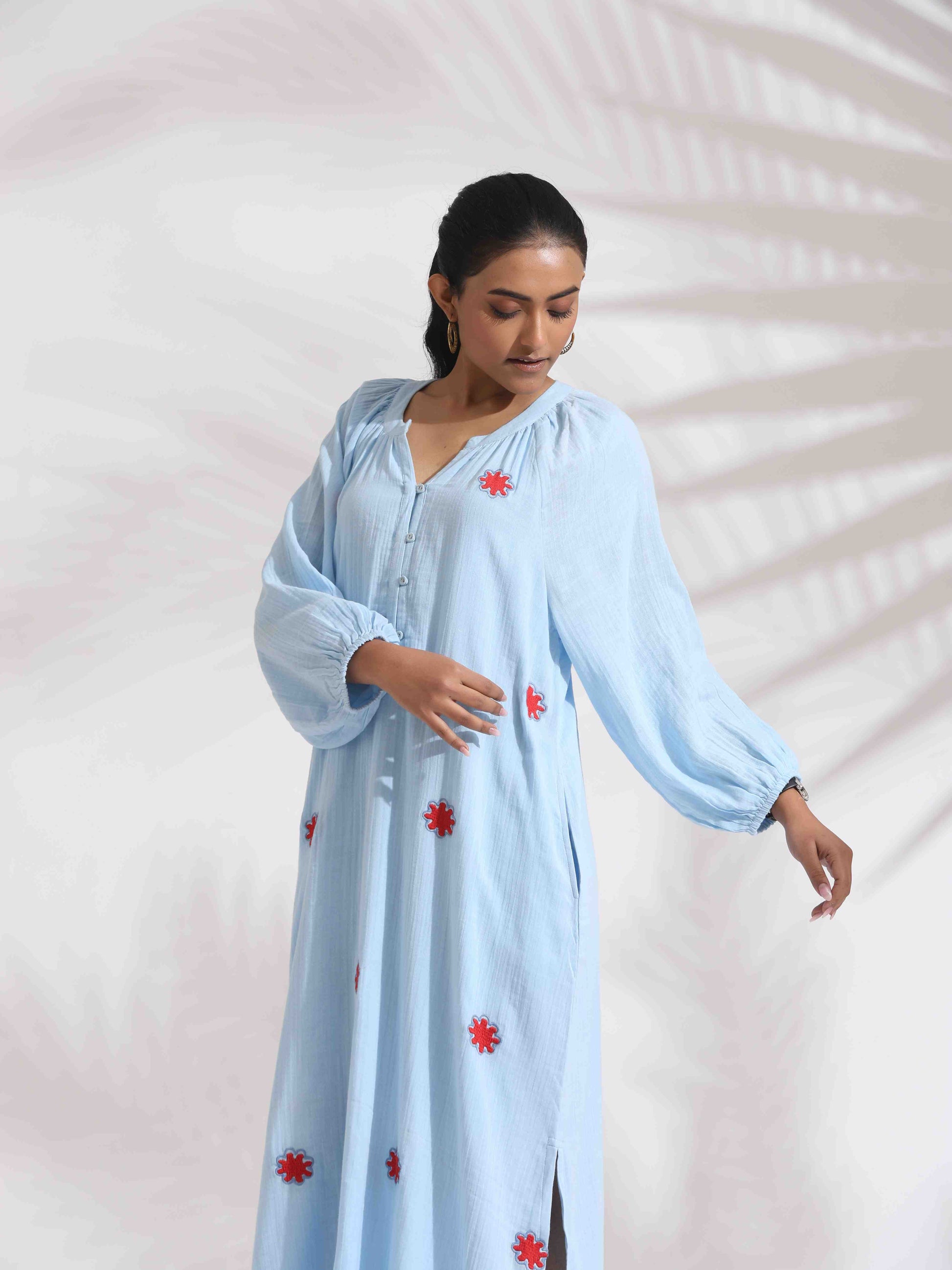 trueBrowns Blue Cotton Embroidered Dress | Swadesiicart