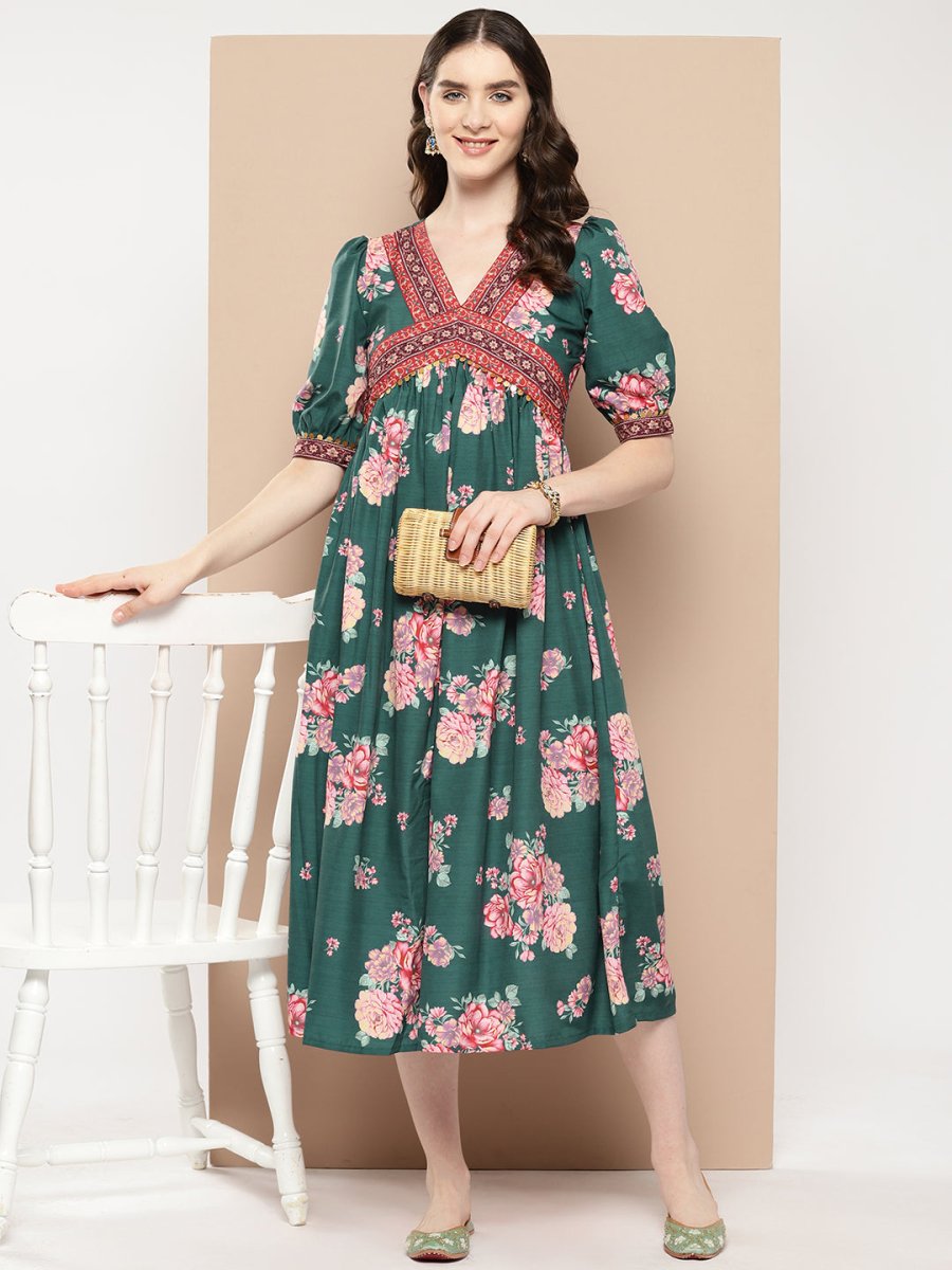 Ahalyaa Women Floral Printed Empire Ethnic Dress | Swadesiicart