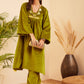 InWeave Women's Olive V Neck Asymmetrical Pleated Velvet Kurta Set - Swadesiicart