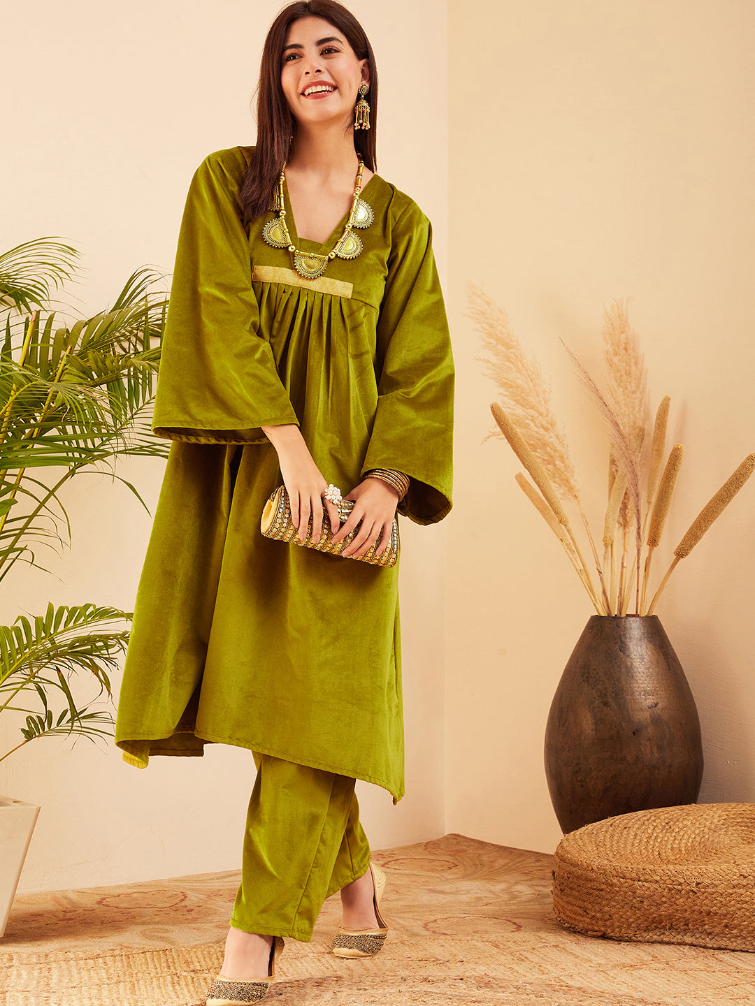 InWeave Women's Olive V Neck Asymmetrical Pleated Velvet Kurta Set - Swadesiicart