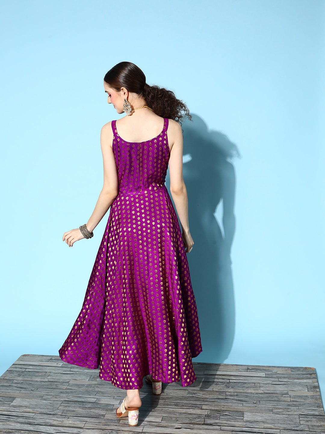 InWeave Women's Wine Gold Small Boota Long Dress - Swadesiicart
